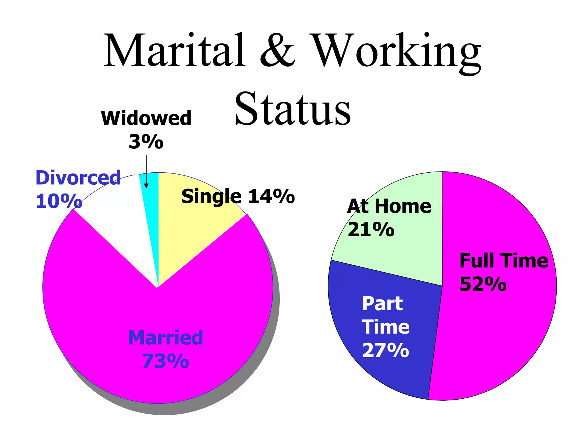 Marital & Working Status At Home 21% Full Time 52% Part Time 27% Divorced 10% Single 14% Widowed 3% Married 73% 
