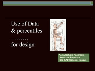 Use of Data
& percentiles
………
for design
Ar. Surashmie Kaalmegh
Associate Professor
BID ,LAD College , Nagpur
 