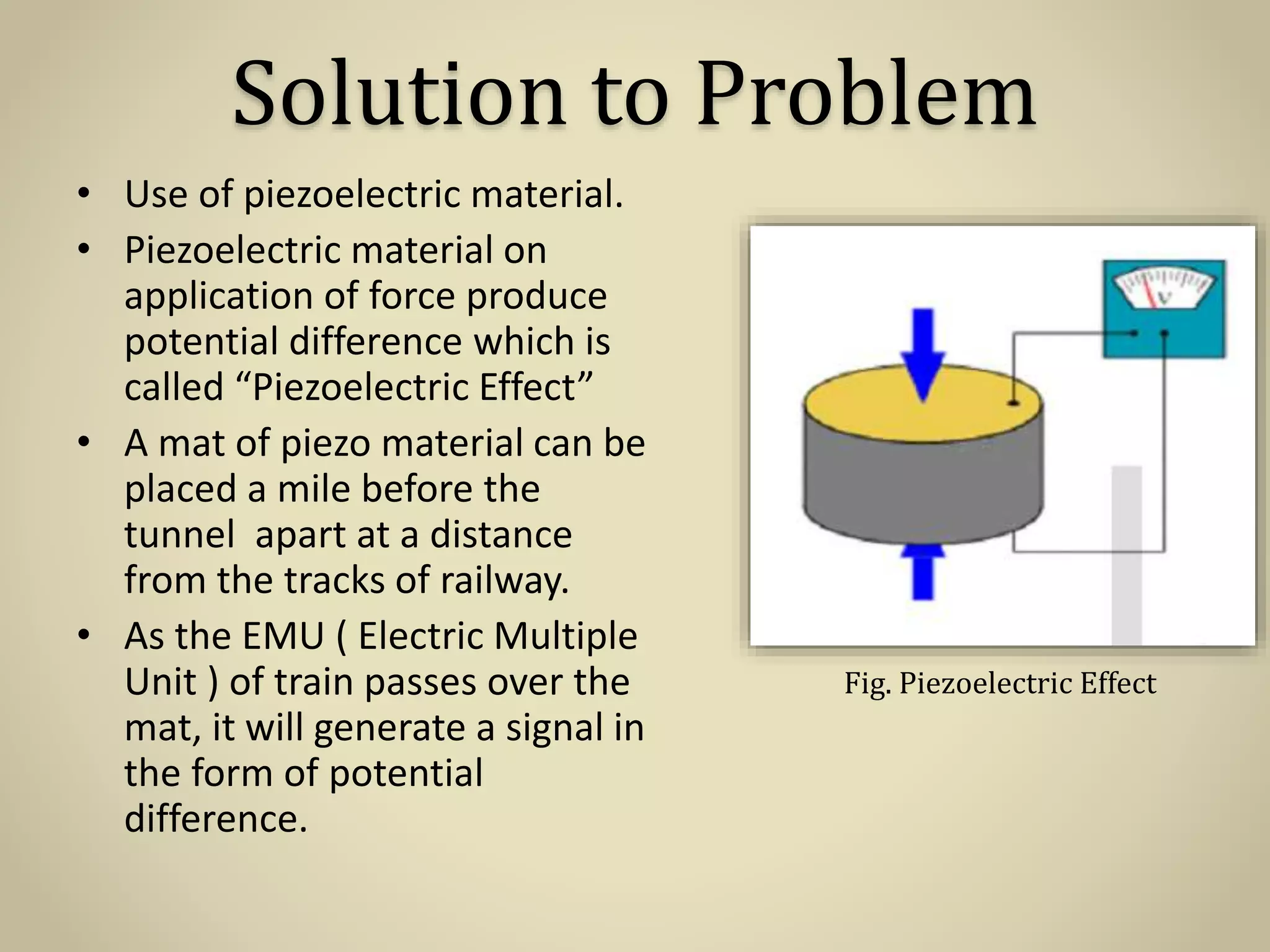 Solution to Problem
• Use of piezoelectric material.
• Piezoelectric material on
application of force produce
potential difference which is
called “Piezoelectric Effect”
• A mat of piezo material can be
placed a mile before the
tunnel apart at a distance
from the tracks of railway.
• As the EMU ( Electric Multiple
Unit ) of train passes over the
mat, it will generate a signal in
the form of potential
difference.
Fig. Piezoelectric Effect
 
