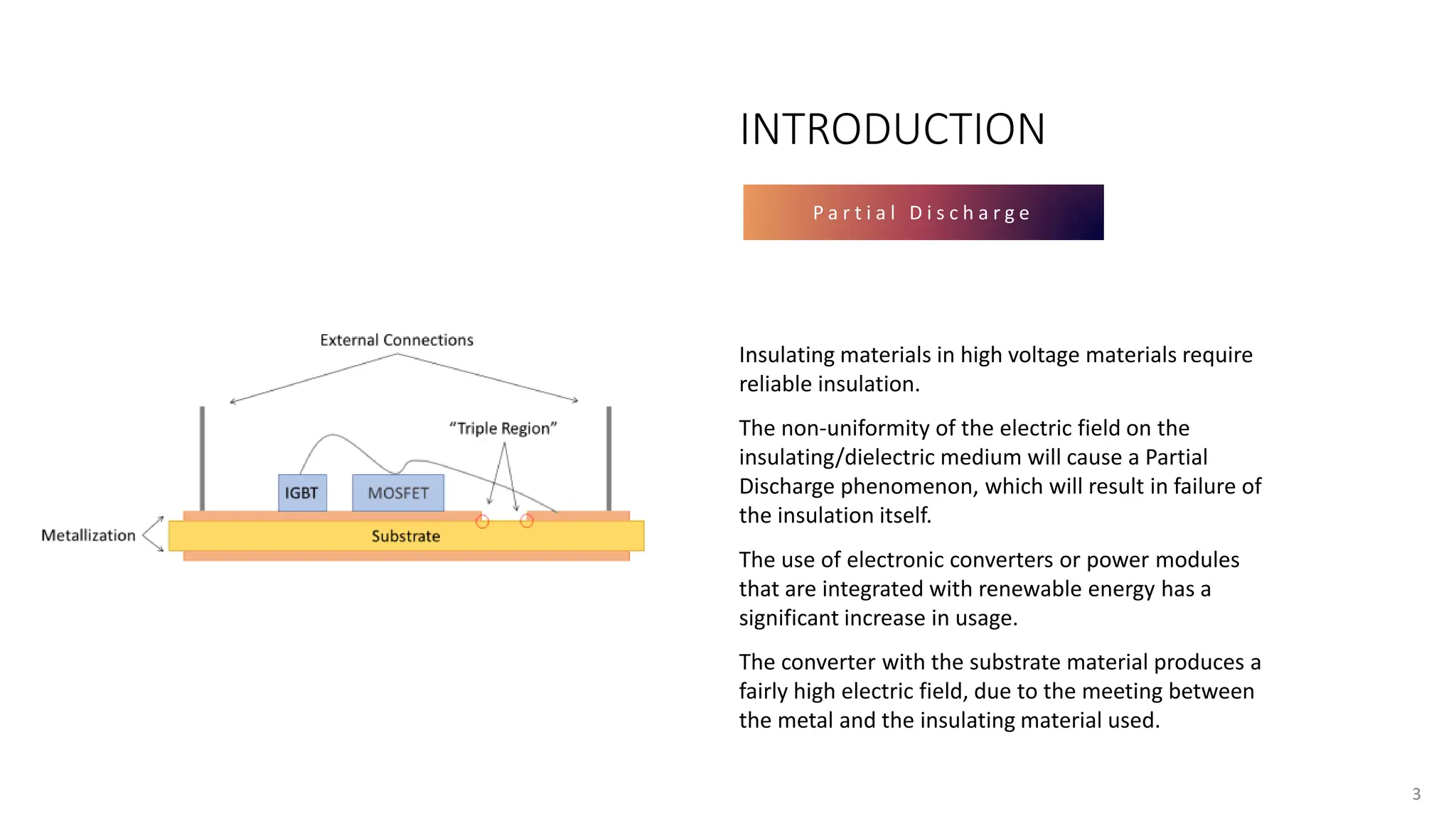 3
INTRODUCTION
P a r t i a l D i s c h a r g e
Insulating materials in high voltage materials require
reliable insulation.
The non-uniformity of the electric field on the
insulating/dielectric medium will cause a Partial
Discharge phenomenon, which will result in failure of
the insulation itself.
The use of electronic converters or power modules
that are integrated with renewable energy has a
significant increase in usage.
The converter with the substrate material produces a
fairly high electric field, due to the meeting between
the metal and the insulating material used.
3
 