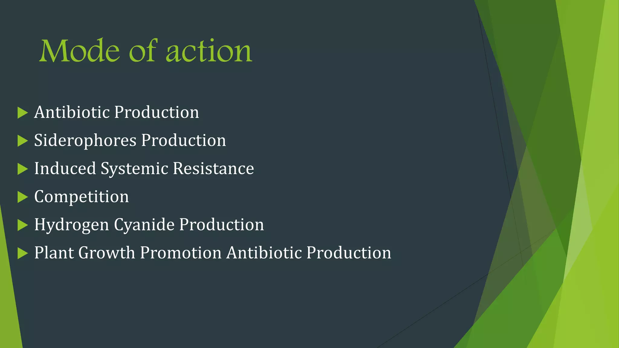 Mode of action
 Antibiotic Production
 Siderophores Production
 Induced Systemic Resistance
 Competition
 Hydrogen Cyanide Production
 Plant Growth Promotion Antibiotic Production
 