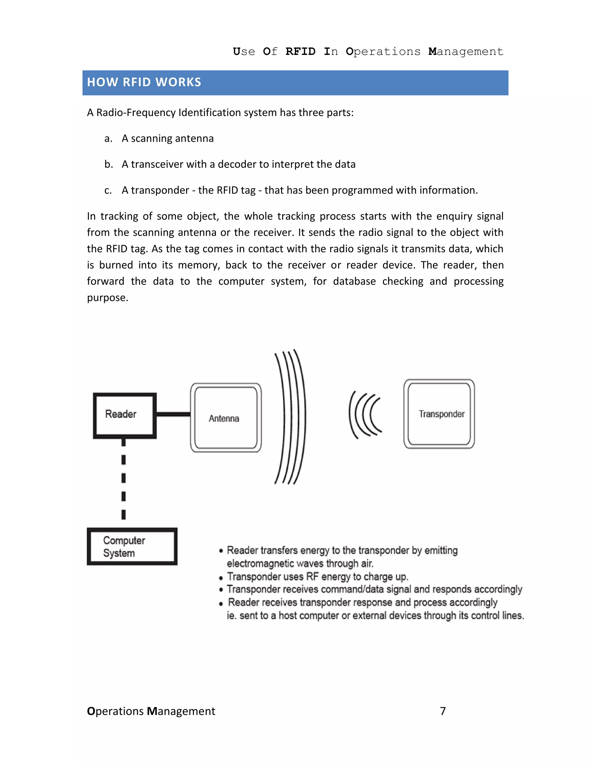 Use Of RFID In Operations Management

HOW RFID WORKS

A Radio-Frequency Identification system has three parts:

   a. A scanning antenna

   b. A transceiver with a decoder to interpret the data

   c. A transponder - the RFID tag - that has been programmed with information.

In tracking of some object, the whole tracking process starts with the enquiry signal
from the scanning antenna or the receiver. It sends the radio signal to the object with
the RFID tag. As the tag comes in contact with the radio signals it transmits data, which
is burned into its memory, back to the receiver or reader device. The reader, then
forward the data to the computer system, for database checking and processing
purpose.




Operations Management                                                      7
 