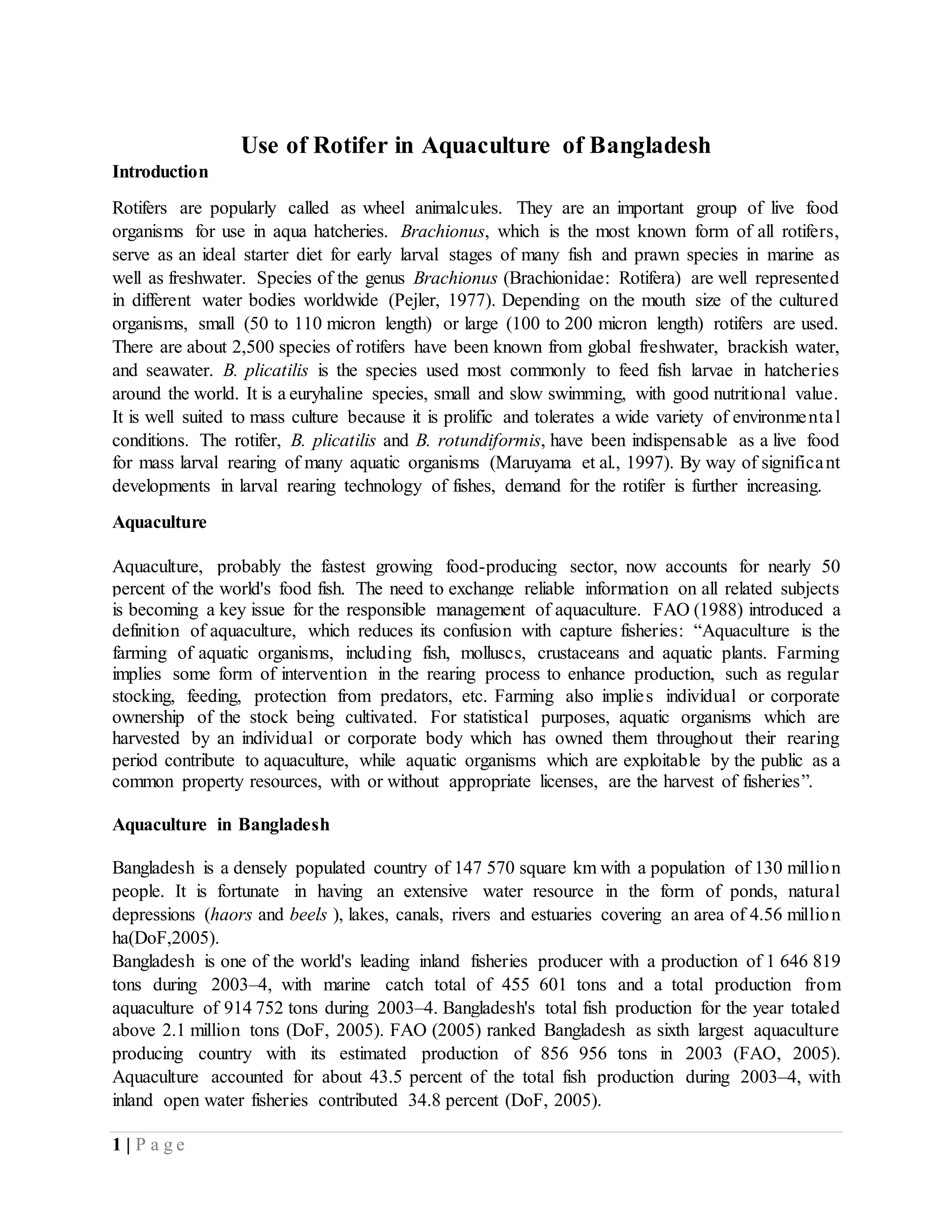Use of rotifer in aquaculture of bangladesh | DOCX