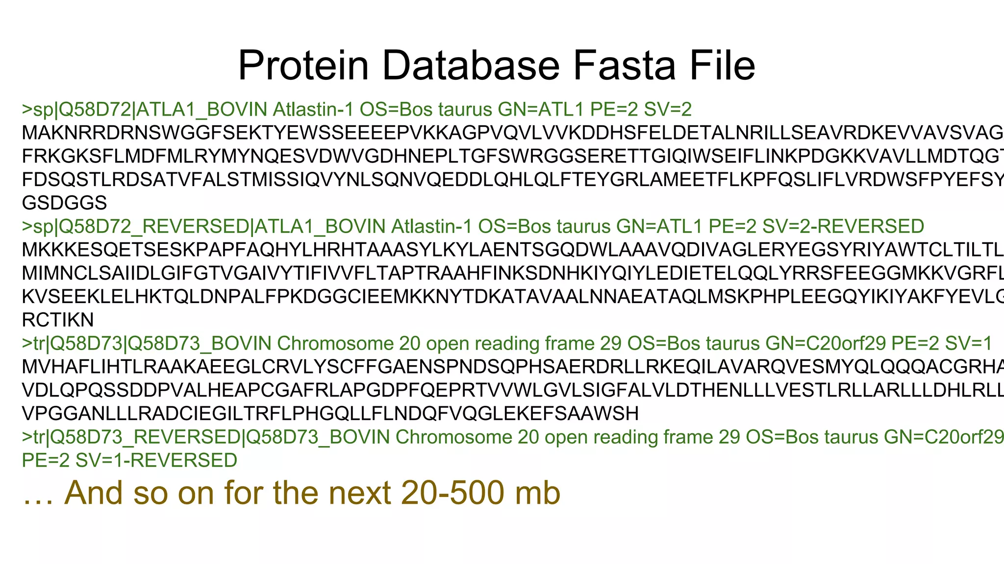 Protein Database Fasta File
>sp|Q58D72|ATLA1_BOVIN Atlastin-1 OS=Bos taurus GN=ATL1 PE=2 SV=2
MAKNRRDRNSWGGFSEKTYEWSSEEEEPVKKAGPVQVLVVKDDHSFELDETALNRILLSEAVRDKEVVAVSVAGA
FRKGKSFLMDFMLRYMYNQESVDWVGDHNEPLTGFSWRGGSERETTGIQIWSEIFLINKPDGKKVAVLLMDTQGT
FDSQSTLRDSATVFALSTMISSIQVYNLSQNVQEDDLQHLQLFTEYGRLAMEETFLKPFQSLIFLVRDWSFPYEFSY
GSDGGS
>sp|Q58D72_REVERSED|ATLA1_BOVIN Atlastin-1 OS=Bos taurus GN=ATL1 PE=2 SV=2-REVERSED
MKKKESQETSESKPAPFAQHYLHRHTAAASYLKYLAENTSGQDWLAAAVQDIVAGLERYEGSYRIYAWTCLTILTL
MIMNCLSAIIDLGIFGTVGAIVYTIFIVVFLTAPTRAAHFINKSDNHKIYQIYLEDIETELQQLYRRSFEEGGMKKVGRFL
KVSEEKLELHKTQLDNPALFPKDGGCIEEMKKNYTDKATAVAALNNAEATAQLMSKPHPLEEGQYIKIYAKFYEVLG
RCTIKN
>tr|Q58D73|Q58D73_BOVIN Chromosome 20 open reading frame 29 OS=Bos taurus GN=C20orf29 PE=2 SV=1
MVHAFLIHTLRAAKAEEGLCRVLYSCFFGAENSPNDSQPHSAERDRLLRKEQILAVARQVESMYQLQQQACGRHA
VDLQPQSSDDPVALHEAPCGAFRLAPGDPFQEPRTVVWLGVLSIGFALVLDTHENLLLVESTLRLLARLLLDHLRLL
VPGGANLLLRADCIEGILTRFLPHGQLLFLNDQFVQGLEKEFSAAWSH
>tr|Q58D73_REVERSED|Q58D73_BOVIN Chromosome 20 open reading frame 29 OS=Bos taurus GN=C20orf29
PE=2 SV=1-REVERSED
… And so on for the next 20-500 mb
 