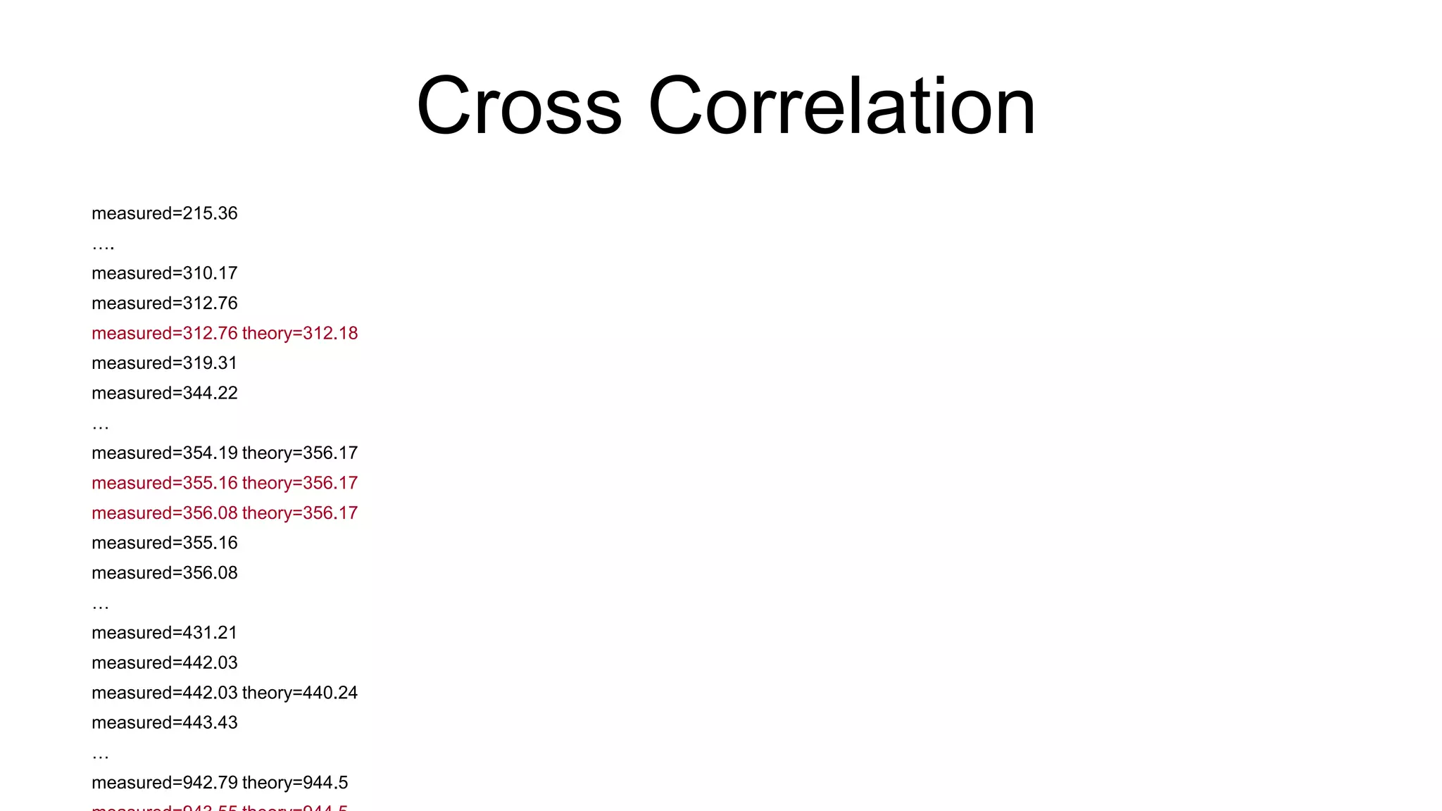 Cross Correlation
measured=215.36
….
measured=310.17
measured=312.76
measured=312.76 theory=312.18
measured=319.31
measured=344.22
…
measured=354.19 theory=356.17
measured=355.16 theory=356.17
measured=356.08 theory=356.17
measured=355.16
measured=356.08
…
measured=431.21
measured=442.03
measured=442.03 theory=440.24
measured=443.43
…
measured=942.79 theory=944.5
 