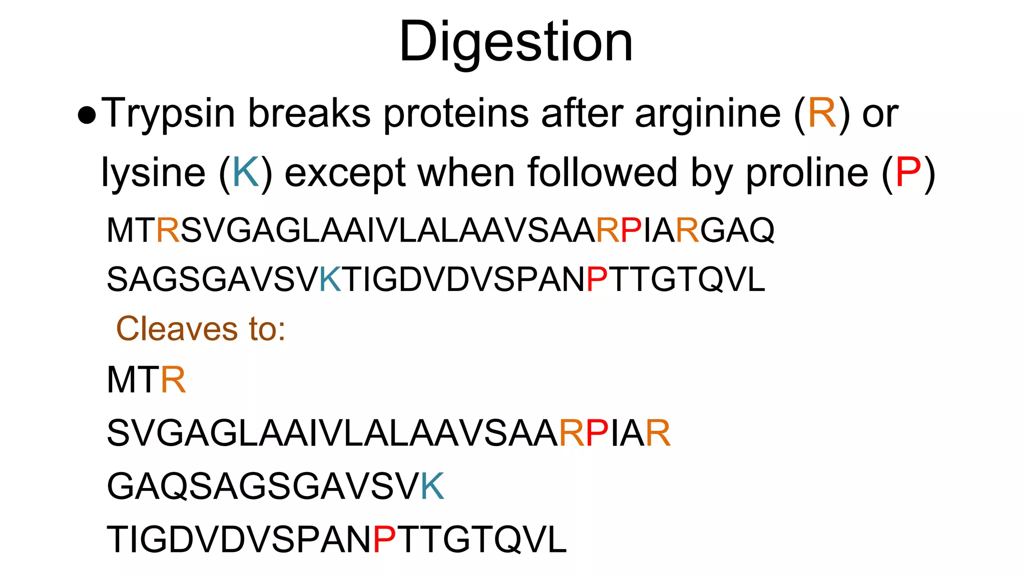 Digestion
●Trypsin breaks proteins after arginine (R) or
lysine (K) except when followed by proline (P)
MTRSVGAGLAAIVLALAAVSAARPIARGAQ
SAGSGAVSVKTIGDVDVSPANPTTGTQVL
Cleaves to:
MTR
SVGAGLAAIVLALAAVSAARPIAR
GAQSAGSGAVSVK
TIGDVDVSPANPTTGTQVL
 