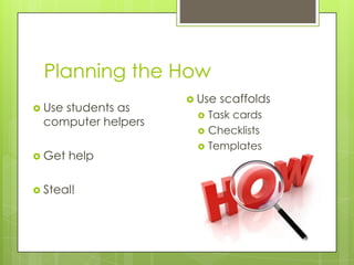 Planning the How
 Use students as
computer helpers
 Get help
 Steal!
 Use scaffolds
 Task cards
 Checklists
 Templates
 