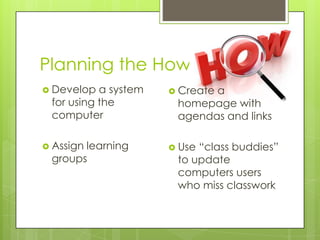 Planning the How
 Develop a system
for using the
computer
 Assign learning
groups
 Create a
homepage with
agendas and links
 Use “class buddies”
to update
computers users
who miss classwork
 