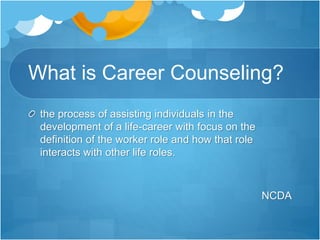 What is Career Counseling?
the process of assisting individuals in the
development of a life-career with focus on the
definition of the worker role and how that role
interacts with other life roles.
NCDA
 