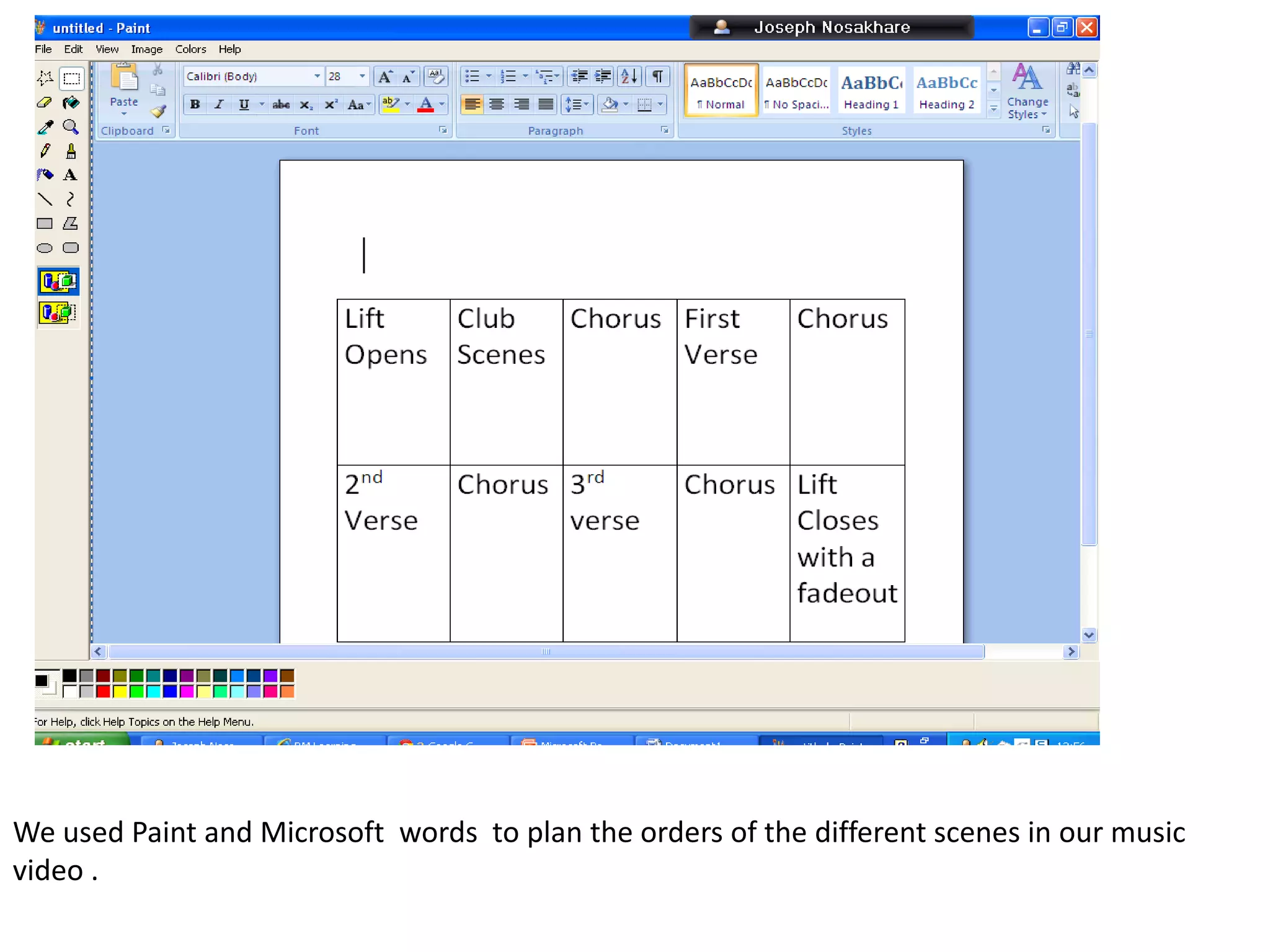 We used Paint and Microsoft words to plan the orders of the different scenes in our music
video .
 