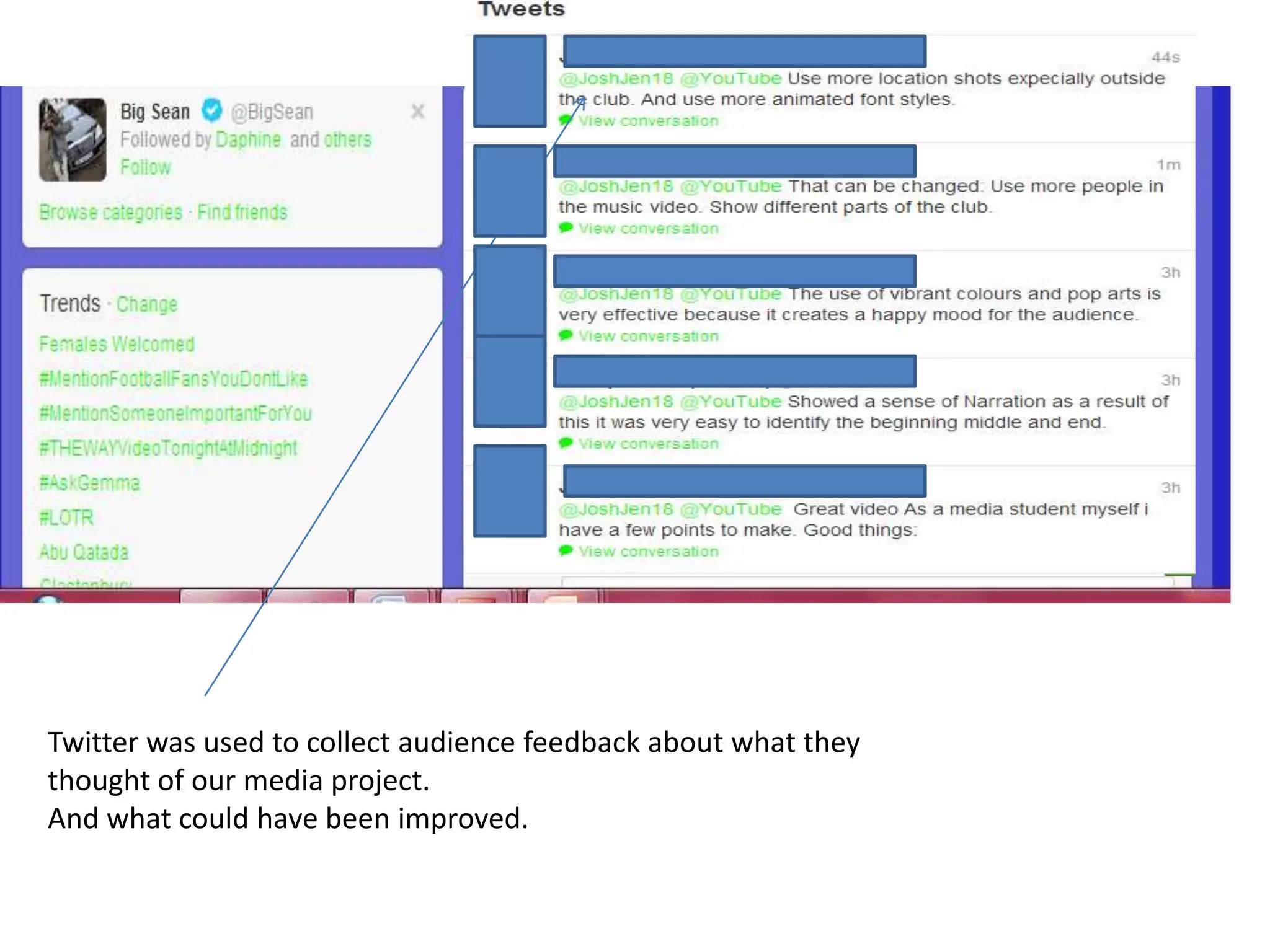 Twitter was used to collect audience feedback about what they
thought of our media project.
And what could have been improved.
 