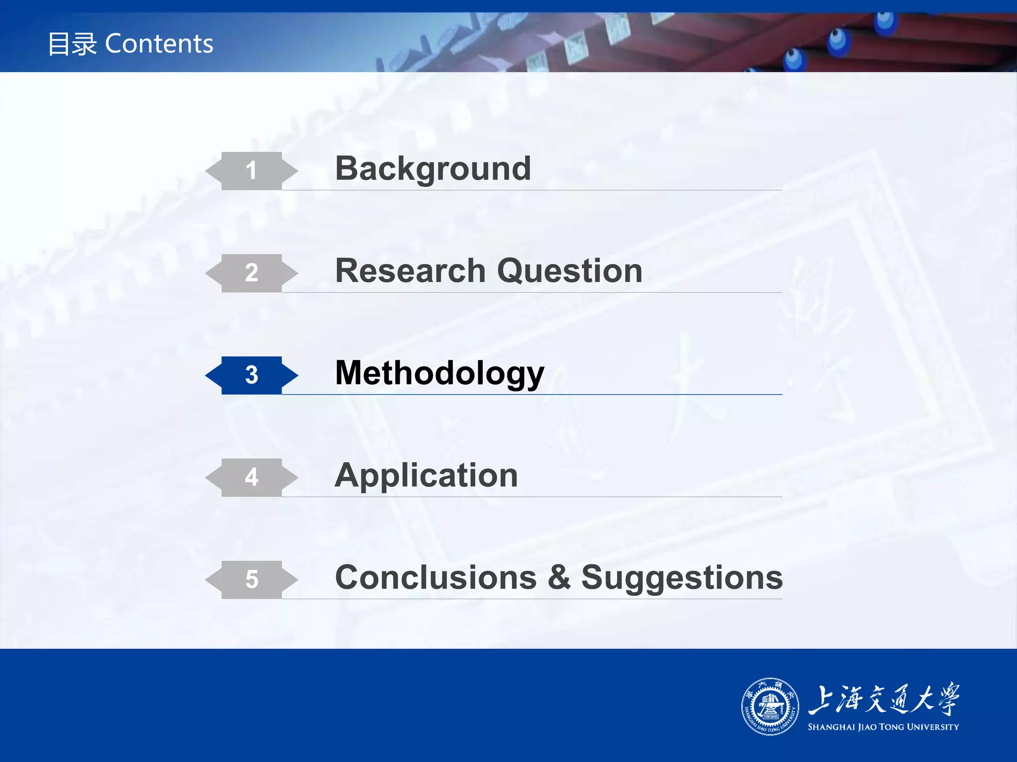 目录 Contents
1 Background
2 Research Question
3 Methodology
4 Application
5 Conclusions & Suggestions
 