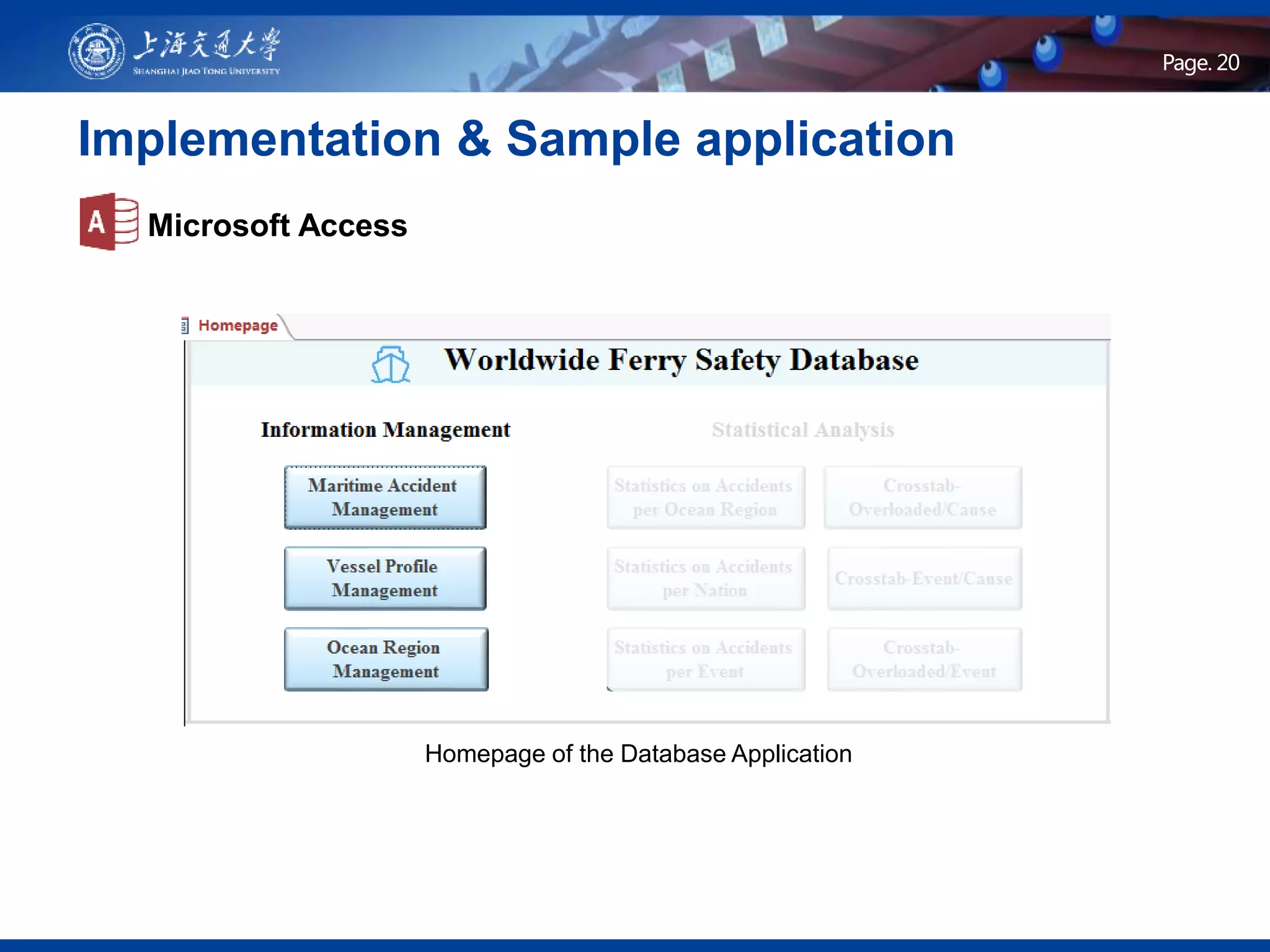 Page .Page. 20
Implementation & Sample application
Microsoft Access
Homepage of the Database Application
 