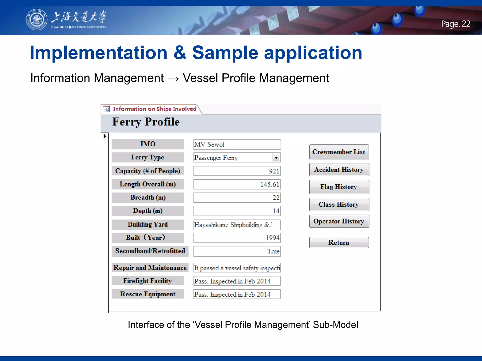 Page .Page. 22
Implementation & Sample application
Interface of the ‘Vessel Profile Management’ Sub-Model
Information Management → Vessel Profile Management
 
