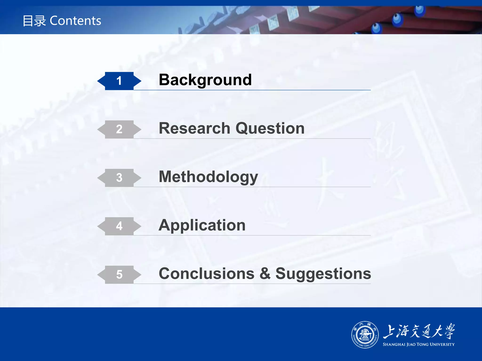 目录 Contents
1 Background
2 Research Question
3 Methodology
4 Application
5 Conclusions & Suggestions
 