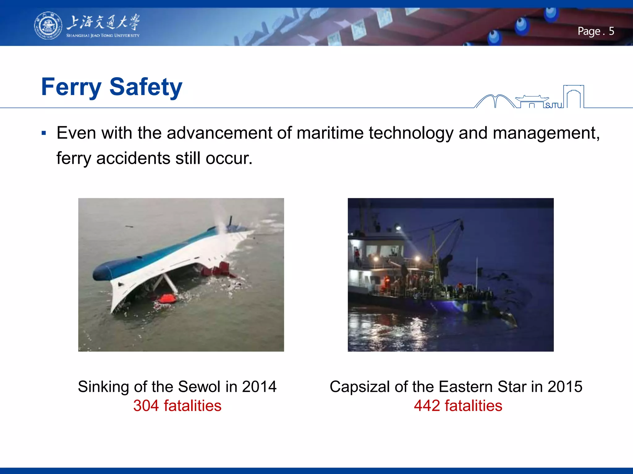 5Page .
▪ Even with the advancement of maritime technology and management,
ferry accidents still occur.
Ferry Safety
Sinking of the Sewol in 2014
304 fatalities
Capsizal of the Eastern Star in 2015
442 fatalities
 