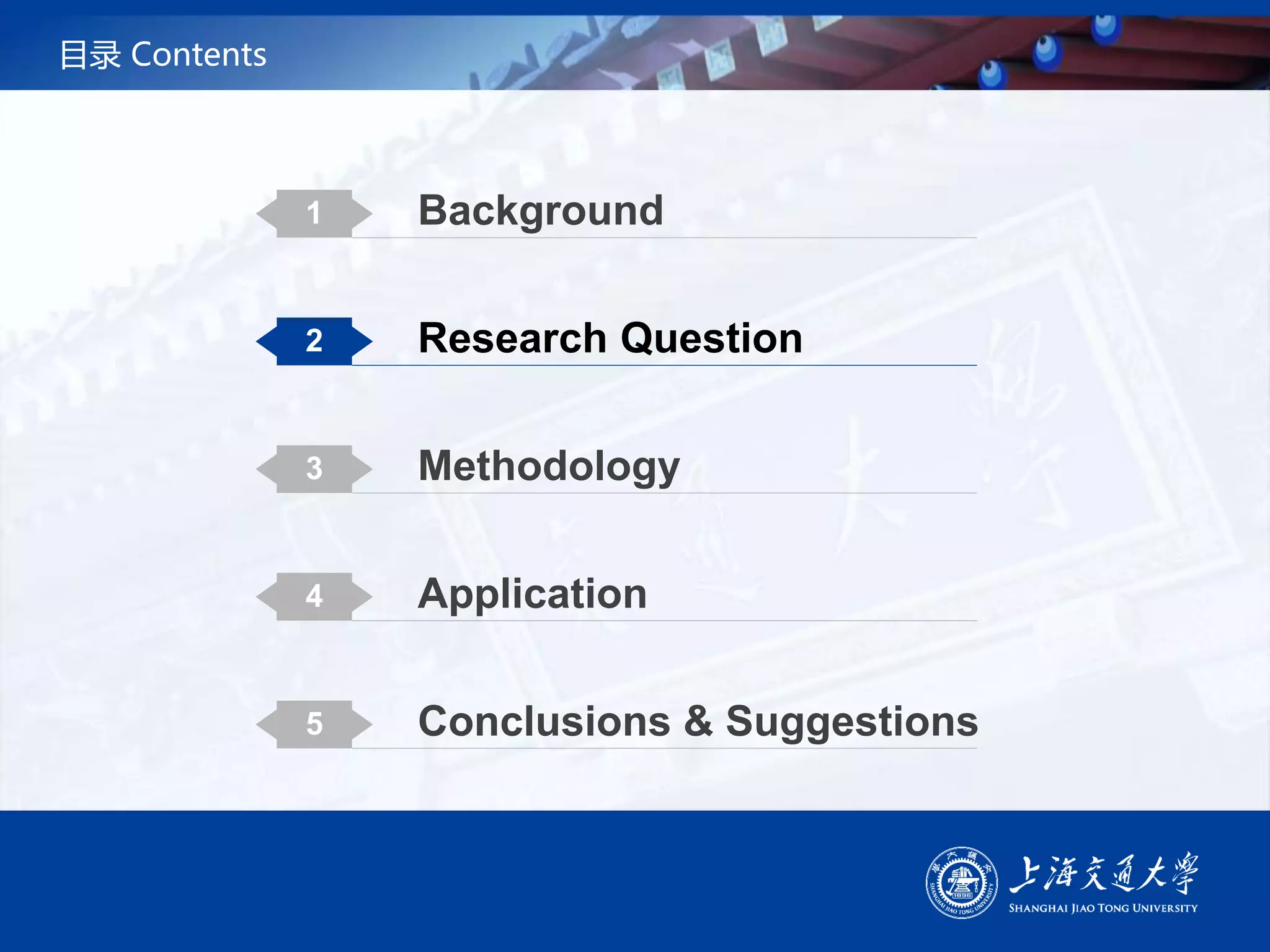 目录 Contents
1 Background
2 Research Question
3 Methodology
4 Application
5 Conclusions & Suggestions
 
