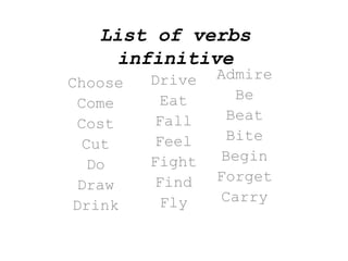 List of verbs
infinitive
Admire
Be
Beat
Bite
Begin
Forget
Carry
Choose
Come
Cost
Cut
Do
Draw
Drink
Drive
Eat
Fall
Feel
Fight
Find
Fly
 