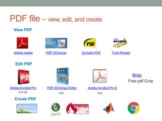 PDF file – view, edit, and create
View PDF
Edit PDF
PDF-XChangeAdobe reader Sumatra PDF Foxit Reader
Adobe Acrobat Pro
£75.29
PDF-XChange Editor
£30
Briss
Free pdf Crop
Adobe Acrobat Pro 8
free
Create PDF
 