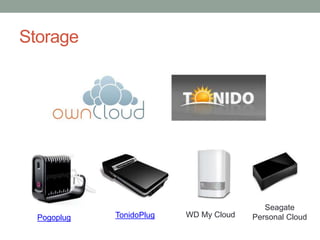 Storage
Pogoplug TonidoPlug WD My Cloud
Seagate
Personal Cloud
 