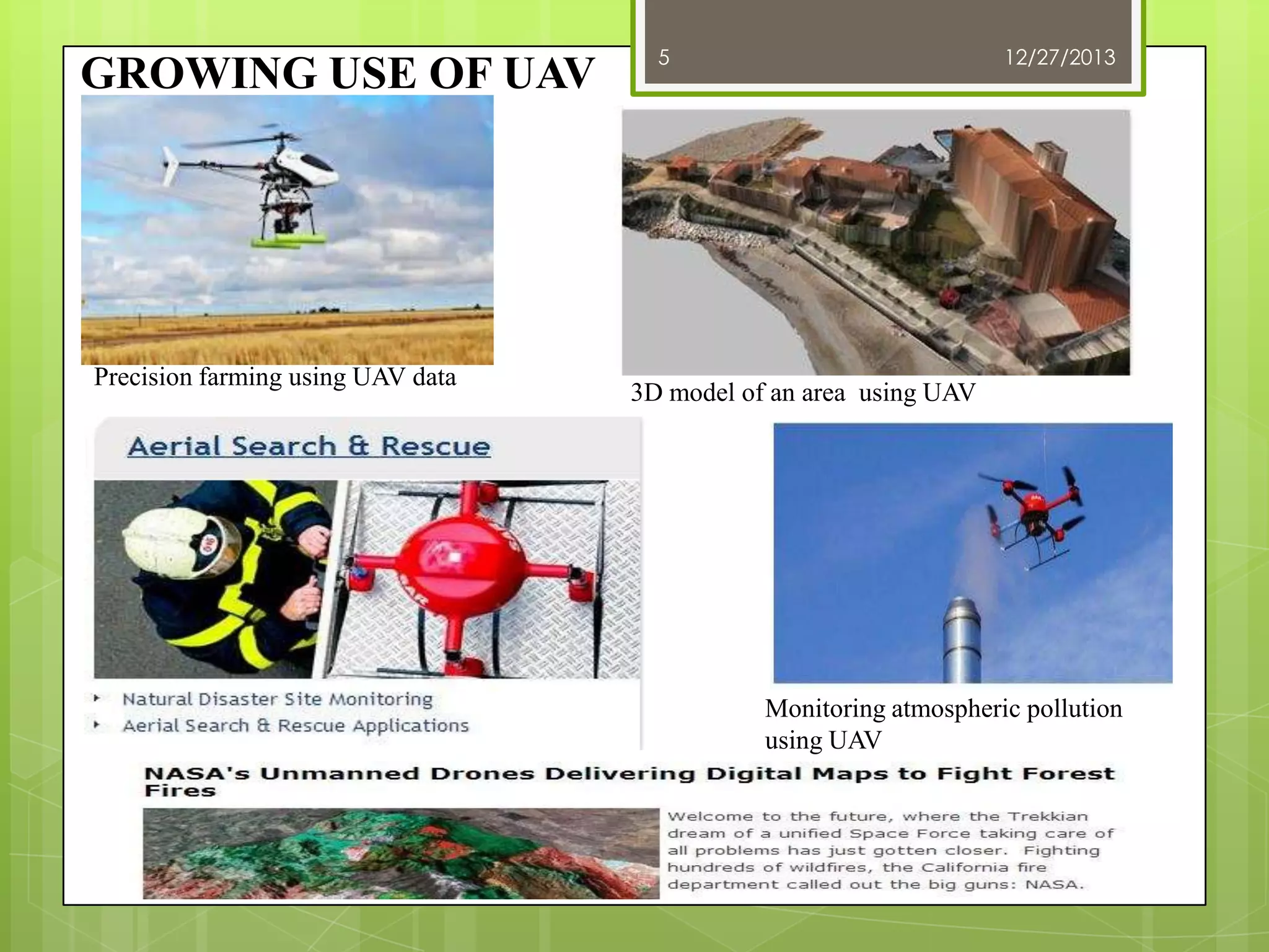 GROWING USE OF UAV

Precision farming using UAV data

5

12/27/2013

3D model of an area using UAV

Monitoring atmospheric pollution
using UAV

 
