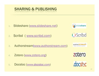 SHARING & PUBLISHING



1.   Slideshare (www.slideshare.net)


2.   Scribd ( www.scribd.com)

3.   Authorstream(www.authorstream.com)

4.   Zotero (www.zotero.org)

5.   Docstoc (www.docstoc
                  docstoc.com)
                  docstoc
                                          17
 