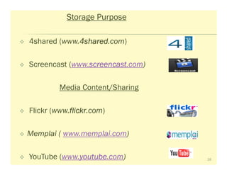 Storage Purpose

4shared (www.4shared
             4shared.com)
             4shared

Screencast (www.screencast
                screencast.com)
                screencast

         Media Content/Sharing

Flickr (www.flickr
            flickr.com)
            flickr

Memplai ( www.memplai.com)

YouTube (www.youtube
             youtube.com)
             youtube              28
 