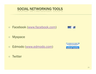 SOCIAL NETWORKING TOOLS




Facebook (www.facebook.com)

Myspace

Edmodo (www.edmodo.com)

Twitter


                              29
 