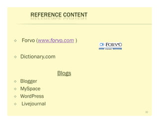 REFERENCE CONTENT



Forvo (www.forvo
           forvo.com )
           forvo

Dictionary.com

                 Blogs
Blogger
MySpace
WordPress
Livejournal
                         30
 