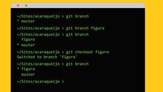 ~/Sites/acaraqueijo > git branch
* master
~/Sites/acaraqueijo > git branch figura
~/Sites/acaraqueijo > git branch
figura
* master
~/Sites/acaraqueijo > git checkout figura
Switched to branch 'figura'
~/Sites/acaraqueijo > git branch
* figura
master
~/Sites/acaraqueijo >
 