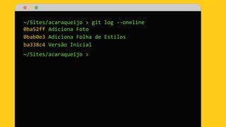 ~/Sites/acaraqueijo > git log --oneline
0ba52ff Adiciona Foto
0bab0e3 Adiciona Folha de Estilos
ba338c4 Versão Inicial
~/Sites/acaraqueijo >
 