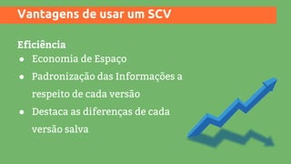 Eficiência
● Economia de Espaço
● Padronização das Informações a
respeito de cada versão
● Destaca as diferenças de cada
versão salva
Vantagens de usar um SCV
 