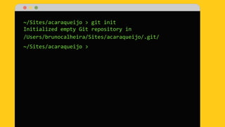 ~/Sites/acaraqueijo > git init
Initialized empty Git repository in
/Users/brunocalheira/Sites/acaraqueijo/.git/
~/Sites/acaraqueijo >
 