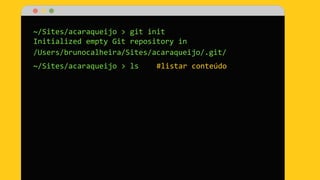 ~/Sites/acaraqueijo > git init
Initialized empty Git repository in
/Users/brunocalheira/Sites/acaraqueijo/.git/
~/Sites/acaraqueijo > ls #listar conteúdo
 