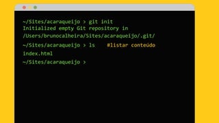 ~/Sites/acaraqueijo > git init
Initialized empty Git repository in
/Users/brunocalheira/Sites/acaraqueijo/.git/
~/Sites/acaraqueijo > ls #listar conteúdo
index.html
~/Sites/acaraqueijo >
 