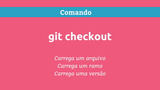 Comando
git checkout
Carrega um arquivo
Carrega um ramo
Carrega uma versão
 