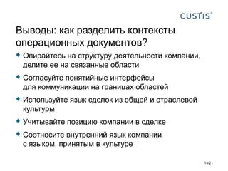  Опирайтесь на структуру деятельности компании,
делите ее на связанные области
 Согласуйте понятийные интерфейсы
для коммуникации на границах областей
 Используйте язык сделок из общей и отраслевой
культуры
 Учитывайте позицию компании в сделке
 Соотносите внутренний язык компании
с языком, принятым в культуре
Выводы: как разделить контексты
операционных документов?
14/21
 