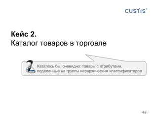 Кейс 2.
Каталог товаров в торговле
Казалось бы, очевидно: товары с атрибутами,
поделенные на группы иерархическим классификатором
16/21
 