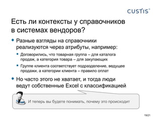  Разные взгляды на справочники
реализуются через атрибуты, например:
 Договорились, что товарная группа – для каталога
продаж, а категория товара – для закупающих
 Группе клиента соответствует подразделение, ведущее
продажи, а категории клиента – правило оплат
 Но часто этого не хватает, и тогда люди
ведут собственные Excel с классификацией
Есть ли контексты у справочников
в системах вендоров?
И теперь вы будете понимать, почему это происходит
19/21
 