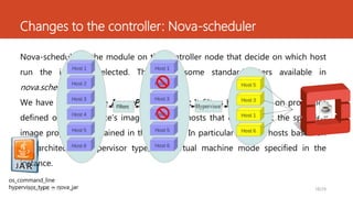 Changes to the controller: Nova-scheduler
Nova-scheduler is the module on the controller node that decide on which host
run the instance selected. There are some standard filters available in
nova.schedule.filters.
We have to enable the ImagePropertiesFilter. It filters hosts based on properties
defined on the instance’s image. It passes hosts that can support the specified
image properties contained in the instance. In particular it filters hosts based on
the architecture, hypervisor type, and virtual machine mode specified in the
instance.
os_command_line
hypervisor_type = nova_jar 18/2430/01/2016 17.12
 