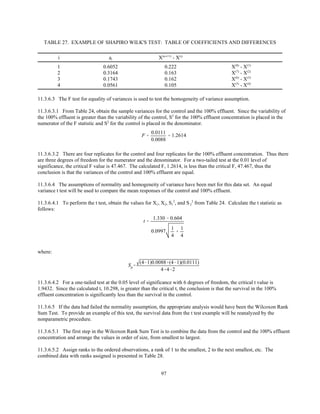 97
F '
0.0111
0.0088
' 1.2614
t '
1.330 & 0.604
0.0997
1
4
%
1
4
Sp'
(4&1)0.0088%(4&1)(0.0111)
4%4&2
TABLE 27. EXAMPLE OF SHAPIRO WILK'S TEST: TABLE OF COEFFICIENTS AND DIFFERENCES
i ai X(n-i+1)
- X(i)
1 0.6052 0.222 X(8)
- X(1)
2 0.3164 0.163 X(7)
- X(2)
3 0.1743 0.162 X(6)
- X(3)
4 0.0561 0.105 X(5)
- X(4)
11.3.6.3 The F test for equality of variances is used to test the homogeneity of variance assumption.
11.3.6.3.1 From Table 24, obtain the sample variances for the control and the 100% effluent. Since the variability of
the 100% effluent is greater than the variability of the control, S2
for the 100% effluent concentration is placed in the
numerator of the F statistic and S2
for the control is placed in the denominator.
11.3.6.3.2 There are four replicates for the control and four replicates for the 100% effluent concentration. Thus there
are three degrees of freedom for the numerator and the denominator. For a two-tailed test at the 0.01 level of
significance, the critical F value is 47.467. The calculated F, 1.2614, is less than the critical F, 47.467, thus the
conclusion is that the variances of the control and 100% effluent are equal.
11.3.6.4 The assumptions of normality and homogeneity of variance have been met for this data set. An equal
variance t test will be used to compare the mean responses of the control and 100% effluent.
11.3.6.4.1 To perform the t test, obtain the values for X1, X2, S1
2
, and S2
2
from Table 24. Calculate the t statistic as
follows:
where:
11.3.6.4.2 For a one-tailed test at the 0.05 level of significance with 6 degrees of freedom, the critical t value is
1.9432. Since the calculated t, 10.298, is greater than the critical t, the conclusion is that the survival in the 100%
effluent concentration is significantly less than the survival in the control.
11.3.6.5 If the data had failed the normality assumption, the appropriate analysis would have been the Wilcoxon Rank
Sum Test. To provide an example of this test, the survival data from the t test example will be reanalyzed by the
nonparametric procedure.
11.3.6.5.1 The first step in the Wilcoxon Rank Sum Test is to combine the data from the control and the 100% effluent
concentration and arrange the values in order of size, from smallest to largest.
11.3.6.5.2 Assign ranks to the ordered observations, a rank of 1 to the smallest, 2 to the next smallest, etc. The
combined data with ranks assigned is presented in Table 28.
 