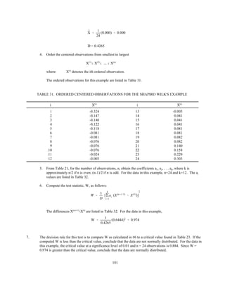101
¯X '
1
24
(0.000) ' 0.000
W '
1
D
['
k
i'1
ai (X (n&i%1)
& X (1)
)]
2
W '
1
0.4265
(0.6444)2
' 0.974
D = 0.4265
4. Order the centered observations from smallest to largest
X(1)
# X(2)
# ... # X(n)
where: X(i)
denotes the ith ordered observation.
The ordered observations for this example are listed in Table 31.
TABLE 31. ORDERED CENTERED OBSERVATIONS FOR THE SHAPIRO WILK'S EXAMPLE
i X(i)
i X(i)
1 -0.324 13 -0.005
2 -0.147 14 0.041
3 -0.140 15 0.041
4 -0.122 16 0.041
5 -0.118 17 0.081
6 -0.081 18 0.081
7 -0.081 19 0.082
8 -0.076 20 0.082
9 -0.076 21 0.140
10 -0.076 22 0.158
11 -0.024 23 0.229
12 -0.005 24 0.303
5. From Table 21, for the number of observations, n, obtain the coefficients a1, a2, . . . ak, where k is
approximately n/2 if n is even; (n-1)/2 if n is odd. For the data in this example, n=24 and k=12. The ai
values are listed in Table 32.
6. Compute the test statistic, W, as follows:
The differences X(n-i+1)
-X(i)
are listed in Table 32. For the data in this example,
7. The decision rule for this test is to compare W as calculated in #6 to a critical value found in Table 23. If the
computed W is less than the critical value, conclude that the data are not normally distributed. For the data in
this example, the critical value at a significance level of 0.01 and n = 24 observations is 0.884. Since W =
0.974 is greater than the critical value, conclude that the data are normally distributed.
 
