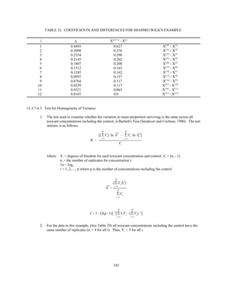 102
B '
[('
P
i'1
Vi) ln ¯S
2
& '
P
i'1
Vi ln S
2
i ]
C
¯S
2
'
('
P
i'1
Vi S
2
i )
'
P
i'1
Vi
C'1%[3(p&1)]&1
['
P
i'1
1/Vi &('
P
i'1
Vi)&1
]
TABLE 32. COEFFICIENTS AND DIFFERENCES FOR SHAPIRO WILK'S EXAMPLE
i ai X(n-i+1)
- X(i)
1 0.4493 0.627 X(24)
- X(1)
2 0.3098 0.376 X(23)
- X(2)
3 0.2554 0.298 X(22)
- X(3)
4 0.2145 0.262 X(21)
- X(4)
5 0.1807 0.200 X(20)
- X(5)
6 0.1512 0.163 X(19)
- X(6)
7 0.1245 0.162 X(18)
- X(7)
8 0.0997 0.157 X(17)
- X(8)
9 0.0764 0.117 X(16)
- X(9)
10 0.0539 0.117 X(15)
- X(10)
11 0.0321 0.065 X(14)
- X(11)
12 0.0107 0.0 X(13)
- X(12)
11.3.7.4.3 Test for Homogeneity of Variance
1. The test used to examine whether the variation in mean proportion surviving is the same across all
toxicant concentrations including the control, is Bartlett's Test (Snedecor and Cochran, 1980). The test
statistic is as follows:
where: Vi = degrees of freedom for each toxicant concentration and control, Vi = (ni - 1)
ni = the number of replicates for concentration i.
1n = loge
i = 1, 2, ..., p where p is the number of concentrations including the control
2. For the data in this example, (See Table 29) all toxicant concentrations including the control have the
same number of replicates (ni = 4 for all i). Thus, Vi = 3 for all i.
 