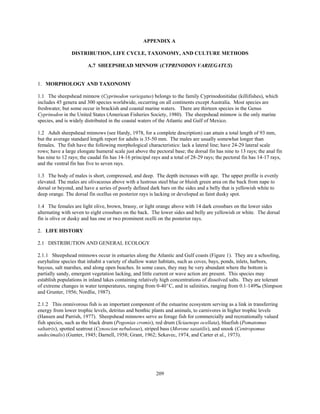 209
APPENDIX A
DISTRIBUTION, LIFE CYCLE, TAXONOMY, AND CULTURE METHODS
A.7 SHEEPSHEAD MINNOW (CYPRINODON VARIEGATUS)
1. MORPHOLOGY AND TAXONOMY
1.1 The sheepshead minnow (Cyprinodon variegatus) belongs to the family Cyprinodonitidae (killifishes), which
includes 45 genera and 300 species worldwide, occurring on all continents except Australia. Most species are
freshwater, but some occur in brackish and coastal marine waters. There are thirteen species in the Genus
Cyprinodon in the United States (American Fisheries Society, 1980). The sheepshead minnow is the only marine
species, and is widely distributed in the coastal waters of the Atlantic and Gulf of Mexico.
1.2 Adult sheepshead minnows (see Hardy, 1978, for a complete description) can attain a total length of 93 mm,
but the average standard length report for adults is 35-50 mm. The males are usually somewhat longer than
females. The fish have the following morphological characteristics: lack a lateral line; have 24-29 lateral scale
rows; have a large elongate humeral scale just above the pectoral base; the dorsal fin has nine to 13 rays; the anal fin
has nine to 12 rays; the caudal fin has 14-16 principal rays and a total of 28-29 rays; the pectoral fin has 14-17 rays,
and the ventral fin has five to seven rays.
1.3 The body of males is short, compressed, and deep. The depth increases with age. The upper profile is evenly
elevated. The males are olivaceous above with a lustrous steel blue or bluish green area on the back from nape to
dorsal or beyond, and have a series of poorly defined dark bars on the sides and a belly that is yellowish white to
deep orange. The dorsal fin ocellus on posterior rays is lacking or developed as faint dusky spot.
1.4 The females are light olive, brown, brassy, or light orange above with 14 dark crossbars on the lower sides
alternating with seven to eight crossbars on the back. The lower sides and belly are yellowish or white. The dorsal
fin is olive or dusky and has one or two prominent ocelli on the posterior rays.
2. LIFE HISTORY
2.1 DISTRIBUTION AND GENERAL ECOLOGY
2.1.1 Sheepshead minnows occur in estuaries along the Atlantic and Gulf coasts (Figure 1). They are a schooling,
euryhaline species that inhabit a variety of shallow water habitats, such as coves, bays, ponds, inlets, harbors,
bayous, salt marshes, and along open beaches. In some cases, they may be very abundant where the bottom is
partially sandy, emergent vegetation lacking, and little current or wave action are present. This species may
establish populations in inland lakes containing relatively high concentrations of dissolved salts. They are tolerant
of extreme changes in water temperatures, ranging from 0-40EC, and in salinities, ranging from 0.1-149‰ (Simpson
and Grunter, 1956; Nordlie, 1987).
2.1.2 This omnivorous fish is an important component of the estuarine ecosystem serving as a link in transferring
energy from lower trophic levels, detritus and benthic plants and animals, to carnivores in higher trophic levels
(Hansen and Parrish, 1977). Sheepshead minnows serve as forage fish for commercially and recreationally valued
fish species, such as the black drum (Pogonias cromis), red drum (Sciaenops ocellata), bluefish (Pomatomus
saltatrix), spotted seatrout (Cynoscion nebulosus), striped bass (Morone saxatilis), and snook (Centropomus
undecimalis) (Gunter, 1945; Darnell, 1958; Grant, 1962; Sekavec, 1974, and Carter et al., 1973).
 