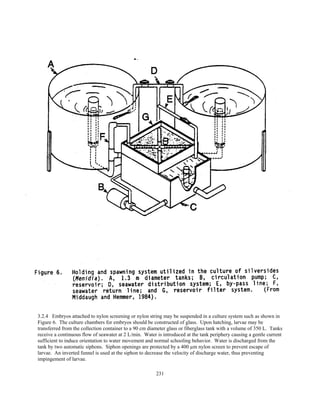 231
3.2.4 Embryos attached to nylon screening or nylon string may be suspended in a culture system such as shown in
Figure 6. The culture chambers for embryos should be constructed of glass. Upon hatching, larvae may be
transferred from the collection container to a 90 cm diameter glass or fiberglass tank with a volume of 350 L. Tanks
receive a continuous flow of seawater at 2 L/min. Water is introduced at the tank periphery causing a gentle current
sufficient to induce orientation to water movement and normal schooling behavior. Water is discharged from the
tank by two automatic siphons. Siphon openings are protected by a 400 µm nylon screen to prevent escape of
larvae. An inverted funnel is used at the siphon to decrease the velocity of discharge water, thus preventing
impingement of larvae.
 