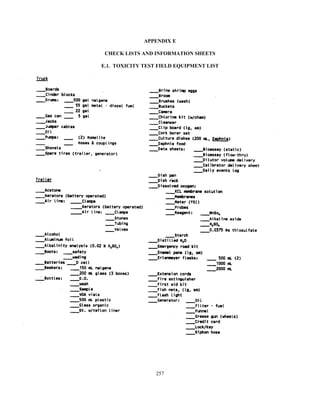 257
APPENDIX E
CHECK LISTS AND INFORMATION SHEETS
E.1. TOXICITY TEST FIELD EQUIPMENT LIST
 