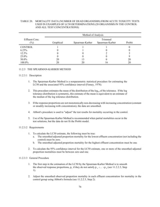 76
TABLE 20. MORTALITY DATA (NUMBER OF DEAD ORGANISMS) FROM ACUTE TOXICITY TESTS
USED IN EXAMPLES OF LC50 DETERMINATIONS (20 ORGANISMS IN THE CONTROL
AND ALL TEST CONCENTRATIONS)
Effluent Conc.
(%)
Method of Analysis
Graphical Spearman-Karber
Trimmed
Spearman-Karber Probit
CONTROL 1 1 1 0
6.25% 0 1 0 0
12.5% 0 0 2 3
25.0% 0 0 0 9
50.0% 20 13 0 20
100.0% 20 20 16 20
11.2.3 THE SPEARMAN-KARBER METHOD
11.2.3.1 Description
1. The Spearman-Karber Method is a nonparametric statistical procedure for estimating the
LC50 and the associated 95% confidence interval (Finney, 1978).
2. This procedure estimates the mean of the distribution of the log10 of the tolerance. If the log
tolerance distribution is symmetric, this estimate of the mean is equivalent to an estimate of
the median of the log tolerance distribution.
3. If the response proportions are not monotonically non-decreasing with increasing concentration (constant
or steadily increasing with concentration), the data are smoothed.
4. Abbott's procedure is used to "adjust" the test results for mortality occurring in the control.
5. Use of the Spearman-Karber Method is recommended when partial mortalities occur in the
test solutions, but the data do not fit the Probit model.
11.2.3.2 Requirements
1. To calculate the LC50 estimate, the following must be true:
a. The smoothed adjusted proportion mortality for the lowest effluent concentration (not including the
control) must be zero.
b. The smoothed adjusted proportion mortality for the highest effluent concentration must be one.
2. To calculate the 95% confidence interval for the LC50 estimate, one or more of the smoothed adjusted
proportion mortalities must be between zero and one.
11.2.3.3 General Procedure
1. The first step in the estimation of the LC50 by the Spearman-Karber Method is to smooth
the observed response proportions, pi, if they do not satisfy p o #... #p k (see 11.2.2.3, Step
1).
2. Adjust the smoothed observed proportion mortality in each effluent concentration for mortality in the
control group using Abbott's formula (see 11.2.2.3, Step 2).
 