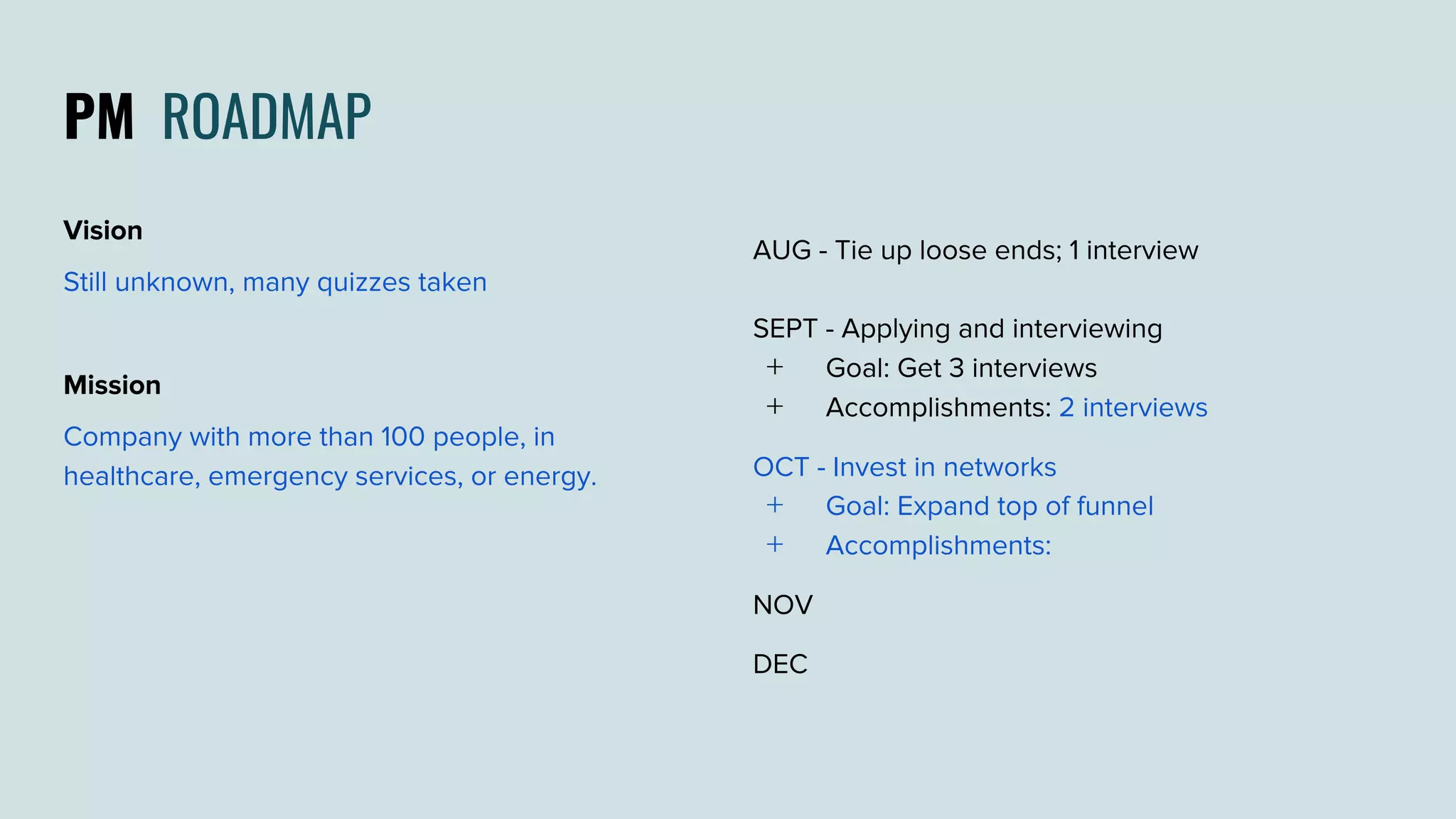 PM ROADMAP
Vision
Still unknown, many quizzes taken
Mission
Company with more than 100 people, in
healthcare, emergency services, or energy.
AUG - Tie up loose ends; 1 interview
SEPT - Applying and interviewing
﹢ Goal: Get 3 interviews
﹢ Accomplishments: 2 interviews
OCT - Invest in networks
﹢ Goal: Expand top of funnel
﹢ Accomplishments:
NOV
DEC
 