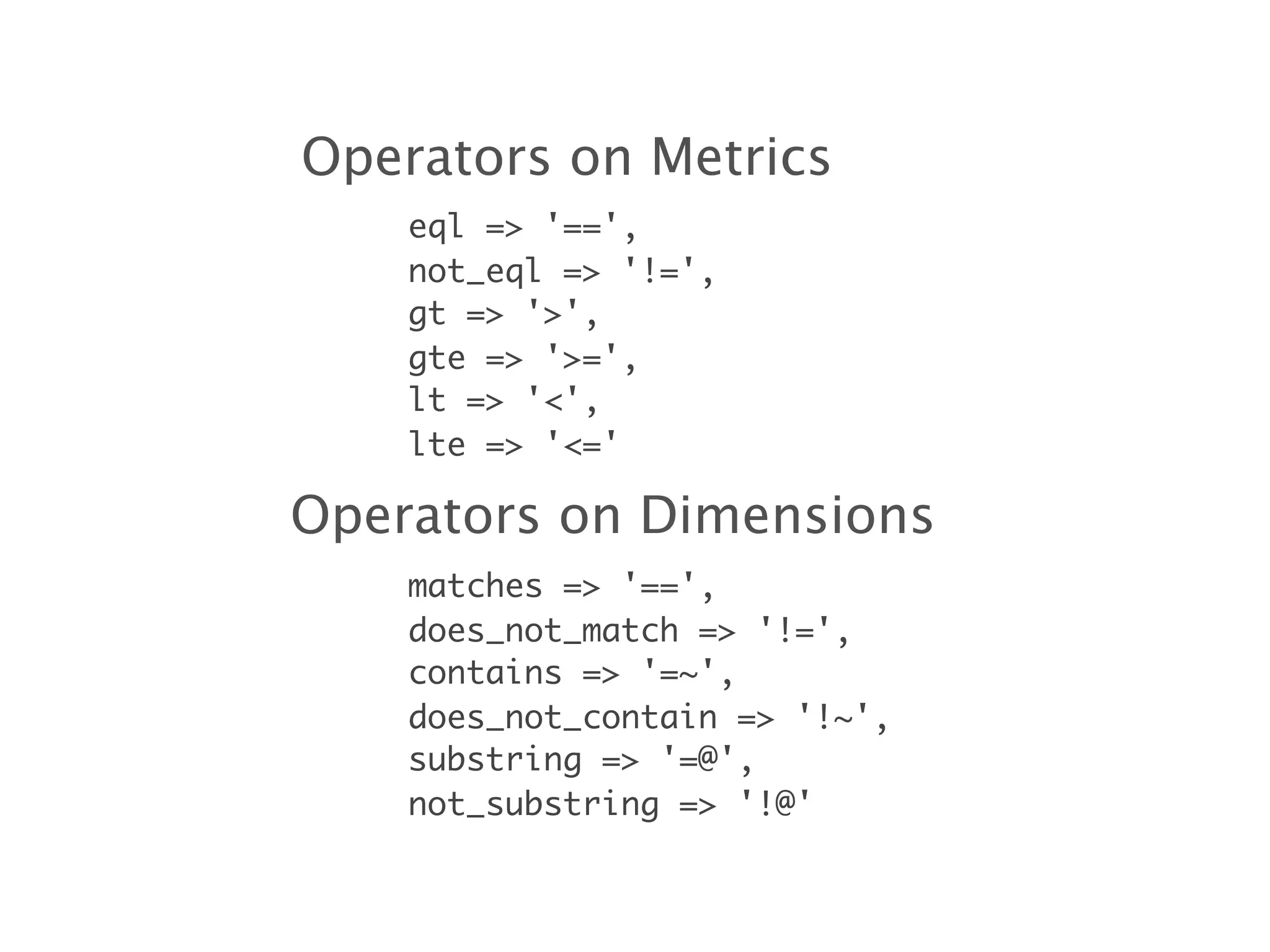 Operators on Metrics
    eql => '==',
    not_eql => '!=',
    gt => '>',
    gte => '>=',
    lt => '<',
    lte => '<='

Operators on Dimensions
    matches => '==',
    does_not_match => '!=',
    contains => '=~',
    does_not_contain => '!~',
    substring => '=@',
    not_substring => '!@'
 