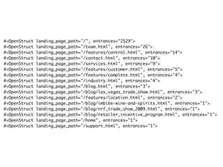 #<OpenStruct   landing_page_path="/", entrances="2529">
#<OpenStruct   landing_page_path="/team.html", entrances="26">
#<OpenStruct   landing_page_path="/features/control.html", entrances="14">
#<OpenStruct   landing_page_path="/contact.html", entrances="10">
#<OpenStruct   landing_page_path="/services.html", entrances="9">
#<OpenStruct   landing_page_path="/features/customer.html", entrances="5">
#<OpenStruct   landing_page_path="/features/complete.html", entrances="4">
#<OpenStruct   landing_page_path="/industry.html", entrances="4">
#<OpenStruct   landing_page_path="/blog.html", entrances="3">
#<OpenStruct   landing_page_path="/blog/las_vegas_trade_show.html", entrances="3">
#<OpenStruct   landing_page_path="/features/location.html", entrances="2">
#<OpenStruct   landing_page_path="/blog/imbibe-wine-and-spirits.html", entrances="1">
#<OpenStruct   landing_page_path="/blog/nrf_trade_show_2009.html", entrances="1">
#<OpenStruct   landing_page_path="/blog/retailer_incentive_program.html", entrances="1">
#<OpenStruct   landing_page_path="/home", entrances="1">
#<OpenStruct   landing_page_path="/support.html", entrances="1">
 